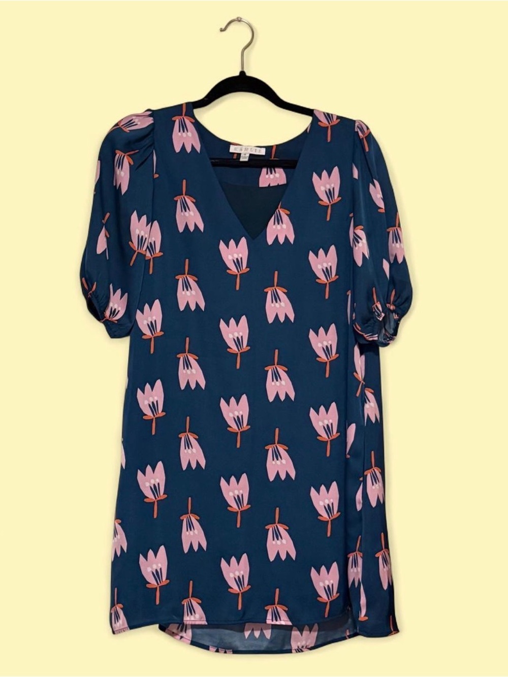 Karlie Teal Floral Shift Dress - Tulip Print V-Neck Puff Sleeve - Size Small